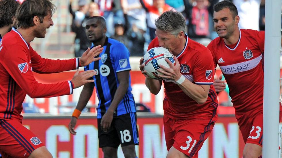 CHICAGO, IL - APRIL 01: Chicago Fire midfielder Bastian Schweinsteiger (31) kisses the ball after scoring a goal in the first half during a game between the Montreal Impact and the Chicago Fire at Toyota Park in Bridgeview, IL. (Photo by Patrick Gors