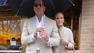 Jennifer Lopez and her boyfriend Alex Rodriguez are seen leaving a restaurant after having lunch there in Midtown New York City. They matching outfits.
