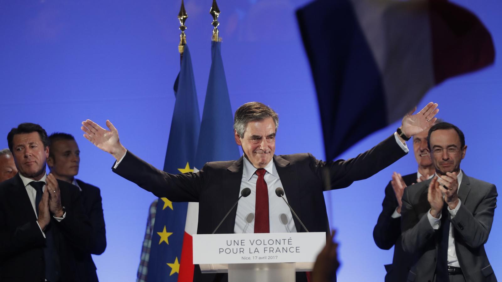 Francois Fillon, former French Prime Minister, member of the Republicans political party and 2017 French presidential election candidate of the French centre-right, reacts as he attends a political campaign rally in Nice, France, April 17, 2017. REUT