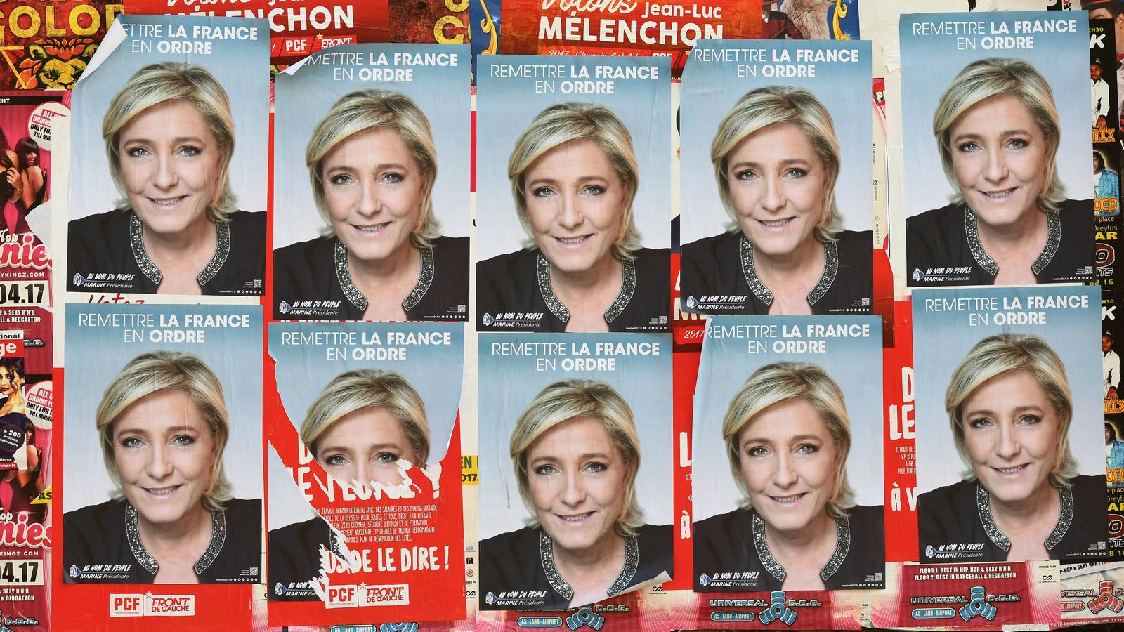 Wahlkampfplakate mit Marine Le Pen , Präsidentschaftskantidation des Front National, sind plakatiert im elsässischen Mulhouse. Die Aufschrift lautet: Remetttre La France en Ordre ( Frankreich wieder in Ordnung bringen). Foto:Winfried RothermelElectio