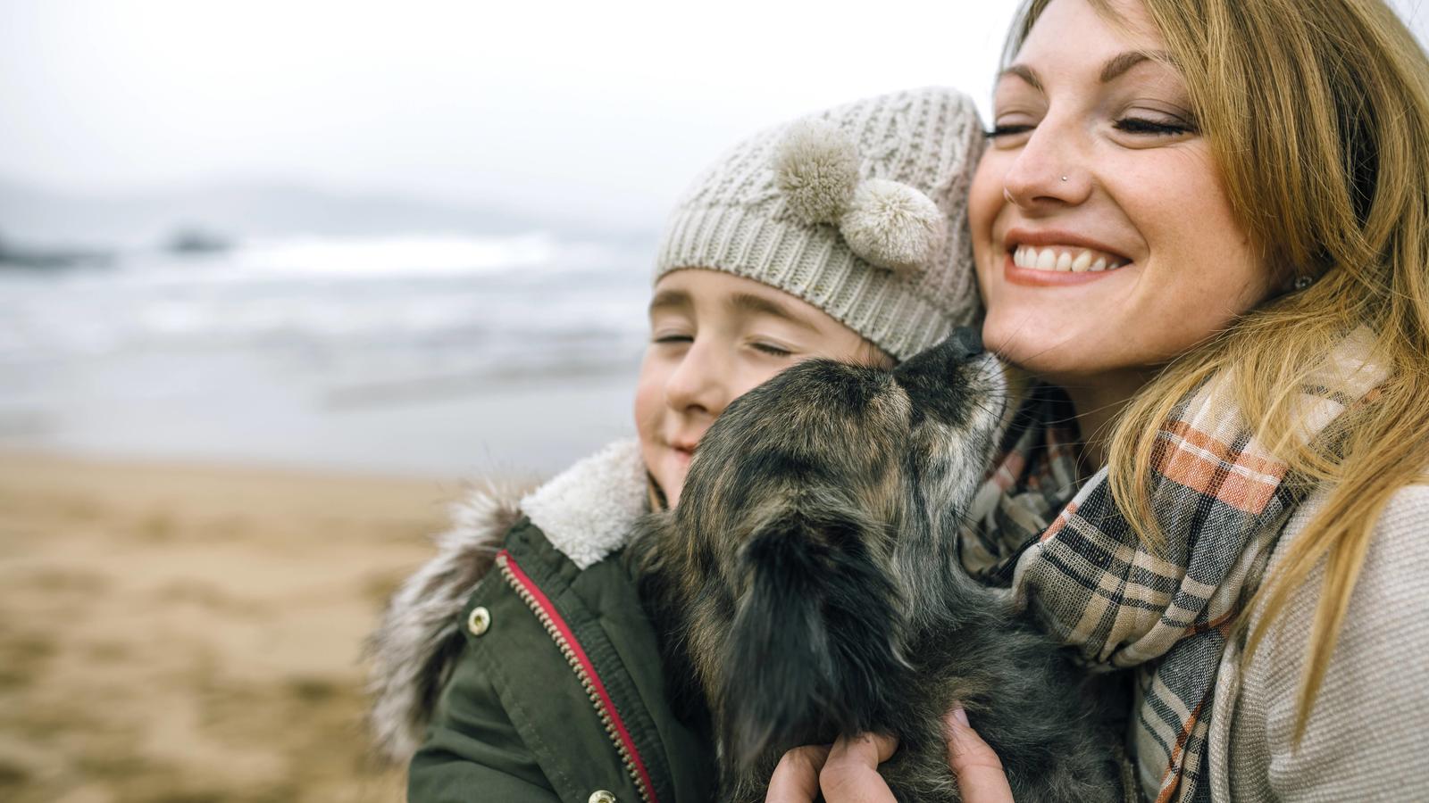 Mother and daughter hugging their dog on the beach in winter model released Symbolfoto property released PUBLICATIONxINxGERxSUIxAUTxHUNxONLY DAPF00592Mother and Daughter HUGGING their Dog ON The Beach in Winter Model released Symbolic image Property 