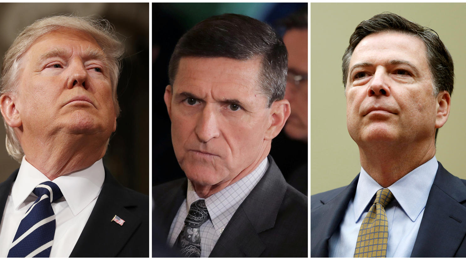 FILE PHOTO: A combination photo shows U.S. President Donald Trump (L), on February 28, 2017, White House National Security Advisor Michael Flynn (C), February 13, 2017 and FBI Director James Comey in Washington U.S. on July 7, 2016.   REUTERS/Jim Lo 
