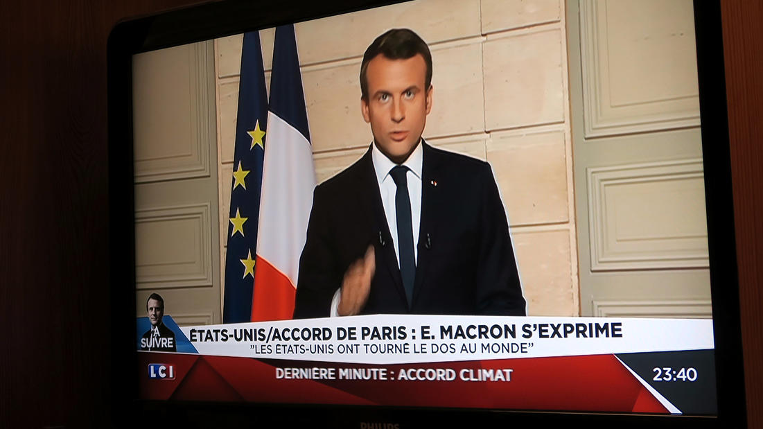 French President Emmanuel Macron, seen on all news channel LCI, speaks from the Elysee Palace in Paris, France, after U.S. President Donald Trump announced his decision that the United States will withdraw from the Paris Climate Agreement at a news c