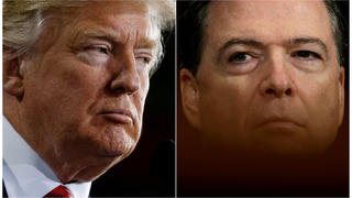 FILE PHOTO: U.S. President Donald Trump (L) speaks in Ypilanti Township, Michigan March 15, 2017 and FBI Director James Comey testifies before a Senate Judiciary Committee hearing in Washington, D.C., May 3, 2017 in a combination of file photos. REUTERS/Jonathan Ernst/Kevin Lamarque/File Photo