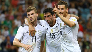 Soccer Football - Germany v Mexico - FIFA Confederations Cup Russia 2017 - Semi Final - Fisht Stadium, Sochi, Russia - June 29, 2017   Germanyâ€™s Timo Werner celebrates scoring their third goal with Lars Stindl and Leon Goretzka    REUTERS/Kai Pfaffenbach