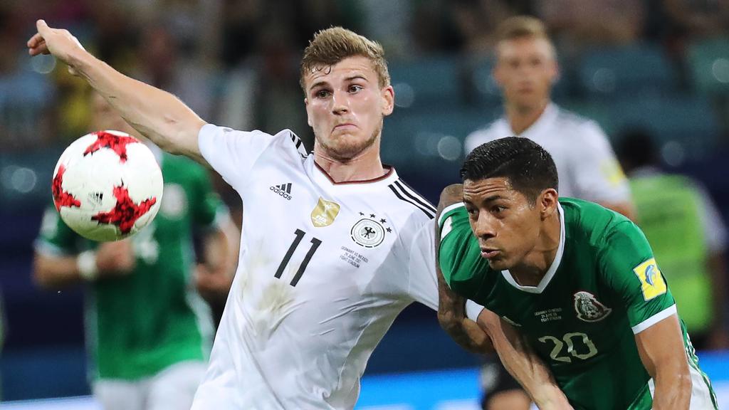 SOCHI, RUSSIA - JUNE 29, 2017: Germany s Timo Werner (L) and Mexico s Javier Aquino fight for the ball in their 2017 FIFA Confederations Cup semifinal football match at Fisht Stadium. Artyom Korotayev/TASS PUBLICATIONxINxGERxAUTxONLY TS055812Sochi Ru