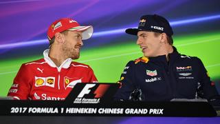 German F1 driver Sebastian Vettel of Ferrari, left, and Dutch F1 driver Max Verstappen of of Red Bull Racing attend a press conference PK Pressekonferenz ahead of the 2017 Formula One Chinese Grand Prix at the Shanghai International Circuit in Shanghai, China, 6 April 2017. F1 drivers attend press conference for 2017 Formula One Chinese Grand Prix PUBLICATIONxINxGERxONLY 20170406_62535German F1 Driver Sebastian Vettel of Ferrari left and Dutch F1 Driver Max Verstappen of of Red Bull Racing attend A Press Conference press conference Press conference Ahead of The 2017 Formula One Chinese Grand Prix AT The Shanghai International Circuit in Shanghai China 6 April 2017 F1 Drivers attend Press Conference for 2017 Formula One Chinese Grand Prix PUBLICATIONxINxGERxONLY  