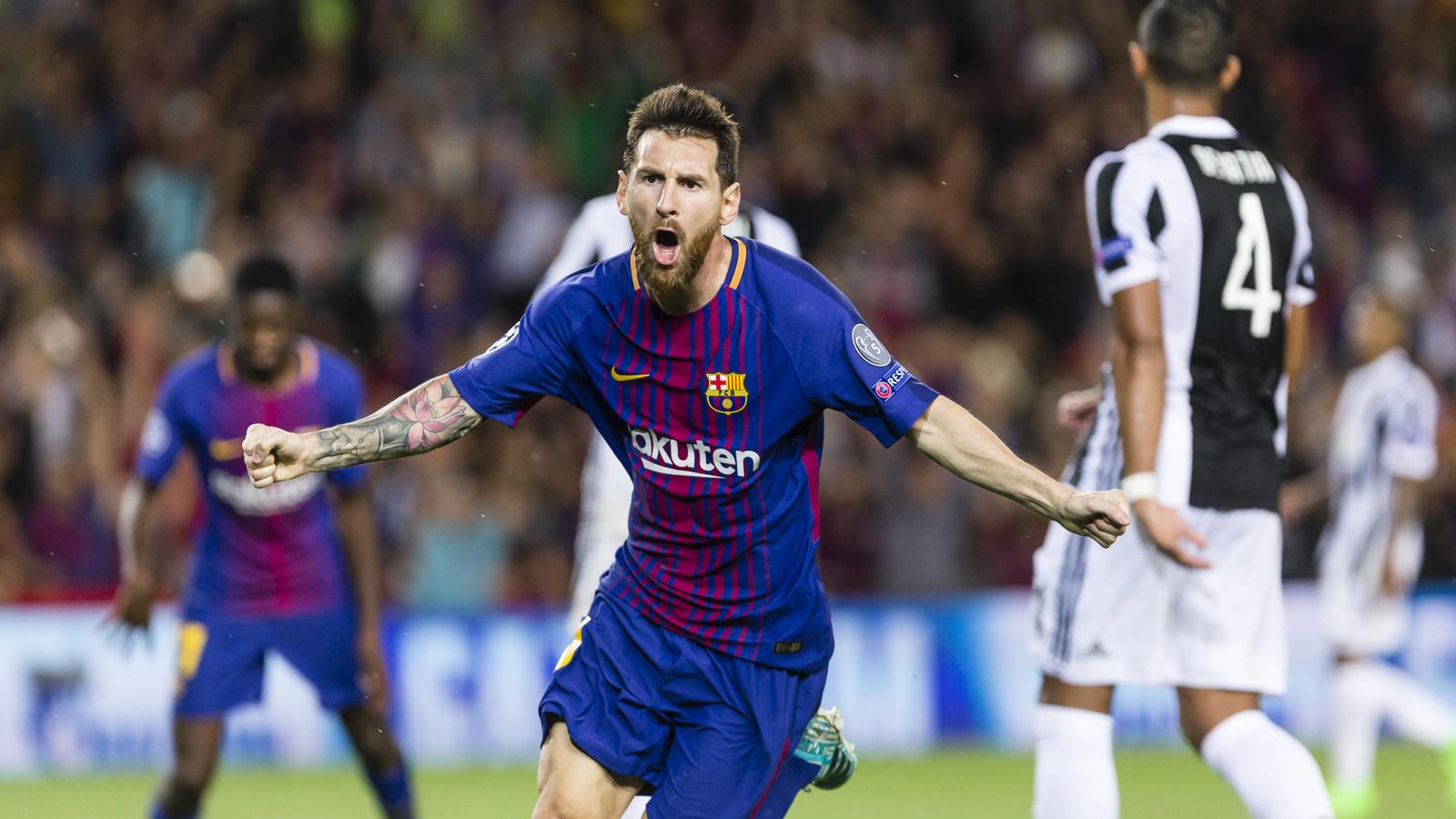 SPAIN - Sep,12th: Lionel Messi celebrates scoring the goal during the match between FC Barcelona Barca - Juventus, for the group stage, round 1 of the Champions League, held at Camp Nou Stadium on 12th September 2017 in Barcelona, Spain. (Credit: Mik