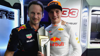 KUALA LUMPUR, MALAYSIA - OCTOBER 01:  Race winner Max Verstappen of Netherlands and Red Bull Racing with his trophy and Red Bull Racing Team Principal Christian Horner during the Malaysia Formula One Grand Prix at Sepang Circuit on October 1, 2017 in Kuala Lumpur, Malaysia.  (Photo by Mark Thompson/Getty Images)