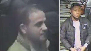 CCTV stills issued by British Transport Police of two men police would like to speak to after an altercation between the pair on the platform sparked a mass evacuation at Oxford Circus tube station in central London.
