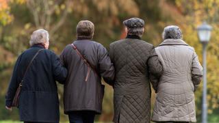 ARCHIV - Vier Senioren gehen am 13.11.2014 auf der Bodenseeinsel Mainau (Baden-Württemberg) gemeinsam spazieren. Foto: Patrick Seeger/dpa (zu dpa "Studie: Alterung der Gesellschaft bringt Rentenkasse in Finanznot" vom 27.10.2016) +++(c) dpa - Bildfunk+++