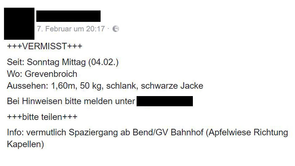 Facebook-Aufruf vom Sohn der Vermissten.