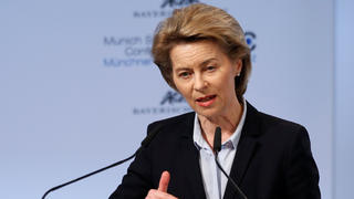FILE PHOTO: German Defence Minister Ursula von der Leyen talks at the Munich Security Conference in Munich, Germany, February 16, 2018. REUTERS/Michaela Rehle/File Photo