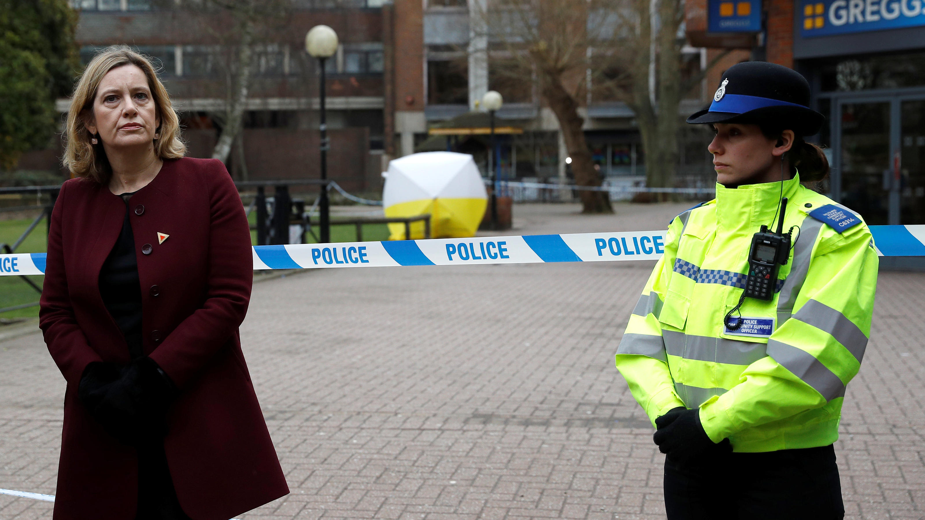 Britain's Home Secretary Amber Rudd visits the scene where Sergei Skripal and his daughter Yulia were found after having been poisoned by a nerve agent in Salisbury, Britain, March 9, 2018. REUTERS/Peter Nicholls