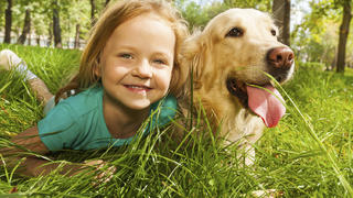 Funny wide angle portrait of happy smiling little girl and her happy golden retriever dog pet laying in the grass of sunny summer park