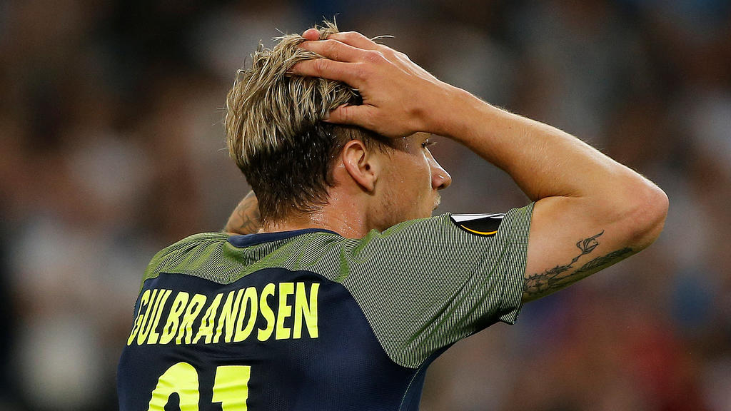 Soccer Football - Europa League Semi Final First Leg - Olympique de Marseille vs RB Salzburg - Orange Velodrome, Marseille, France - April 26, 2018 RB Salzburg's Fredrik Gulbrandsen reacts REUTERS/Jean-Paul Pelissier