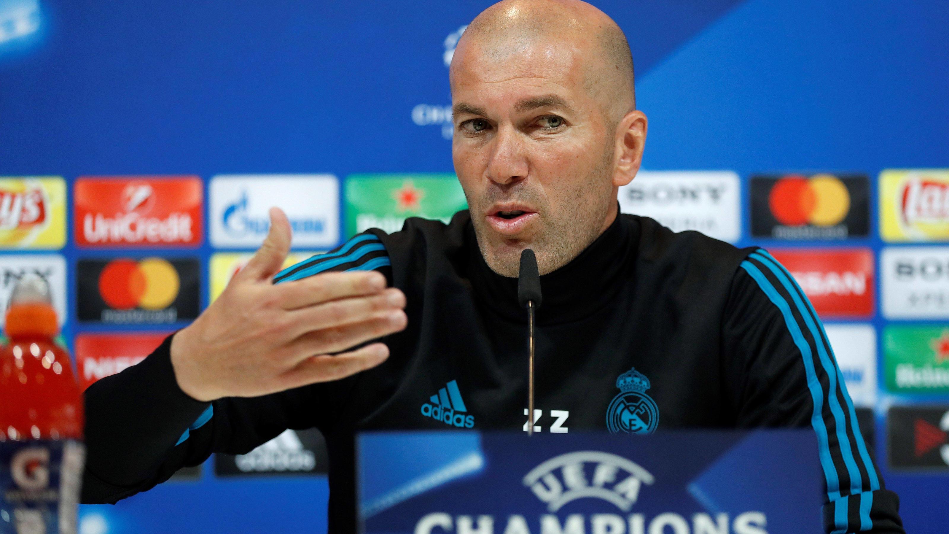 Real Madrid s head coach Zinedine Zidane speaks during a press conference PK Pressekonferenz at Valdebebas sports facilities in Madrid, Spain, 30 April 2018.Real Madrid will face Bayern Munich in their UEFA Champions League semi finals second leg mat