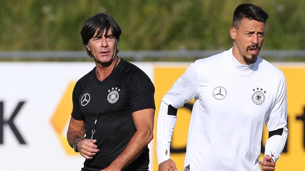 Bundestrainer Joachim Löw mit Sandro Wagner (Deutschland) - DFB Nationalmannschaft Training auf dem Trainingsplatz von adidas in Herzogenaurach - Deutschland, Fussball, Mann, Maenner,08.06.2017