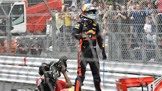 Daniel Ricciardo wins the Monaco Grand Prix, on the podium also Sebastian Vettel  and Lewis Hamilton, awarded by his height Alberto II of Monaco and by his height Charlene Princess of Monaco. In Monaco, 27 May 2018.