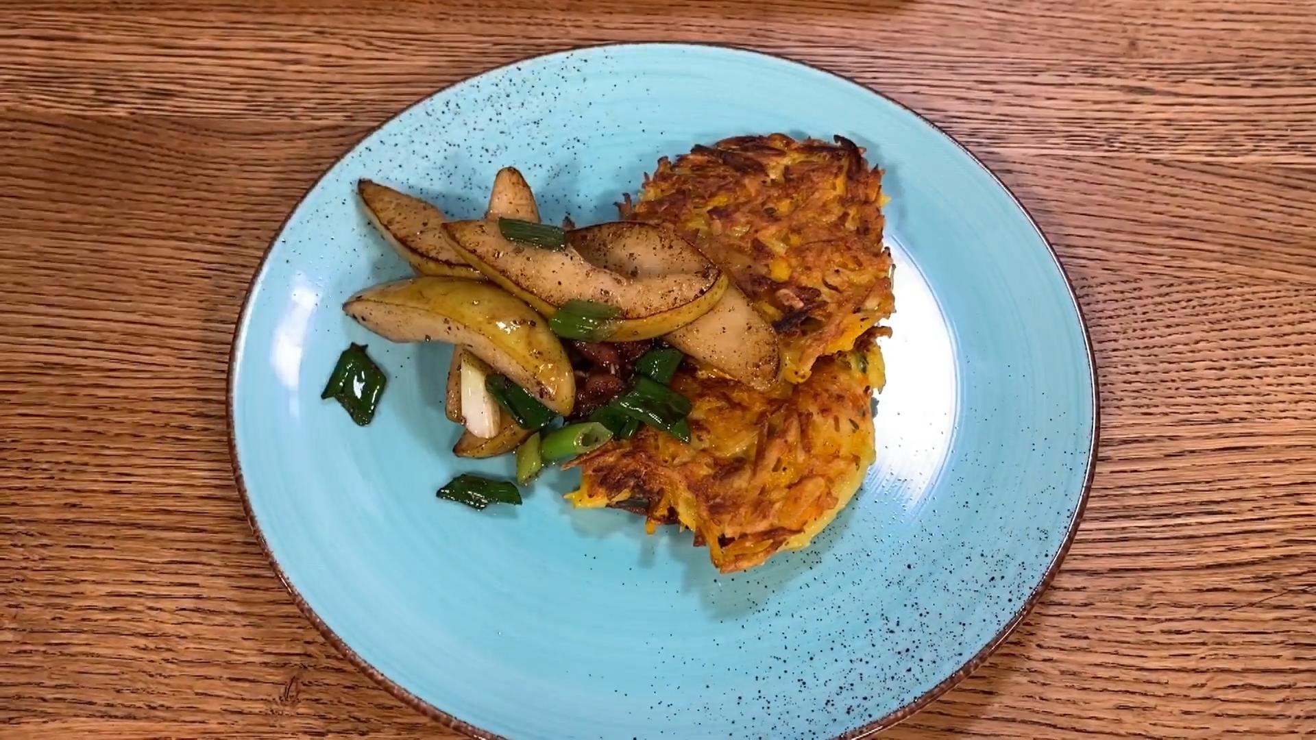 A quick number of Henssler's potato and pumpkin rösti with pear and bacon