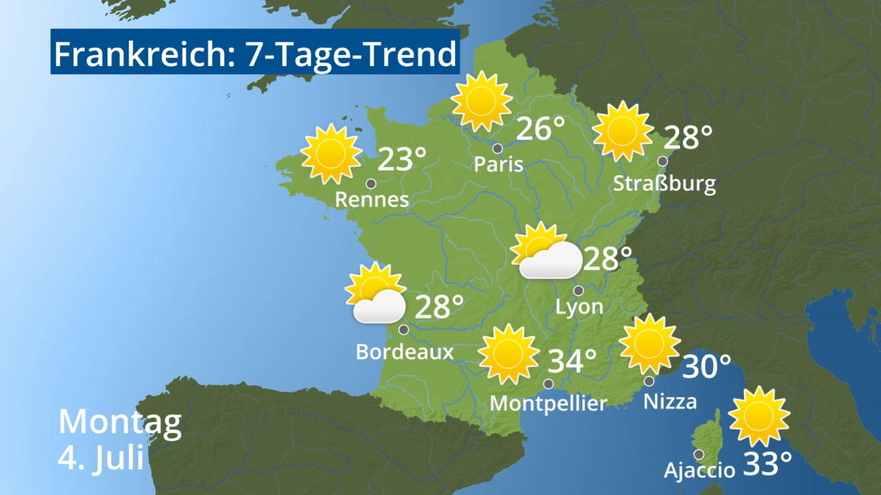 Video 7-Tage-Trend: Paris, Straßburg, Nizza, Korsika Frankreich: Wie wird das Wetter?
