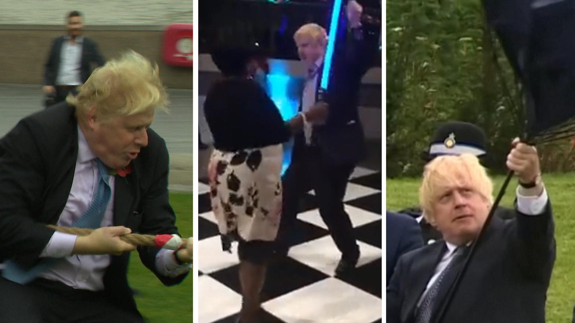 Das sind die lustigsten Momente von Boris Johnson Tauziehen, Party und Regenschirm