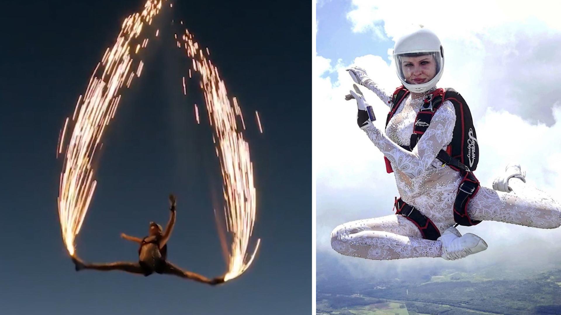 Feuerregen im Spagat: Skydiverin legt heiße Luftshow hin Svetlana bringt den Himmel zum Brennen