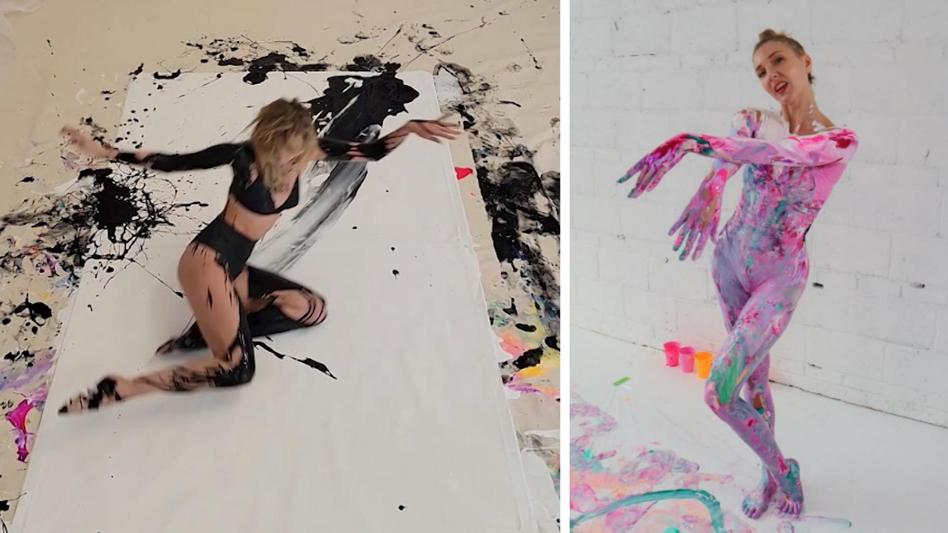 Tänzerin malt Kunstwerk mit ihrem ganzen Körper! Voller Einsatz auf der Leinwand