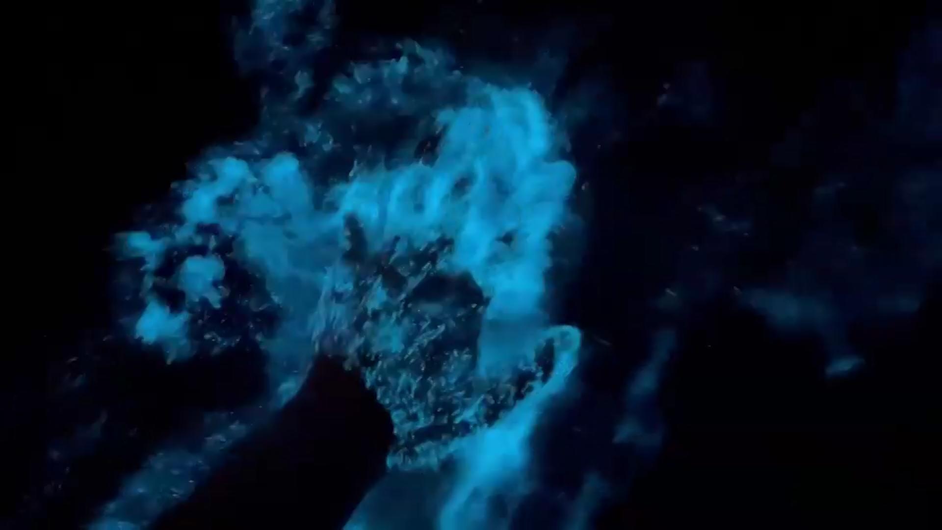 Was ist das denn?! Mann geht in leuchtendem Meer schwimmen Wie aus einem Science-Fiction-Film