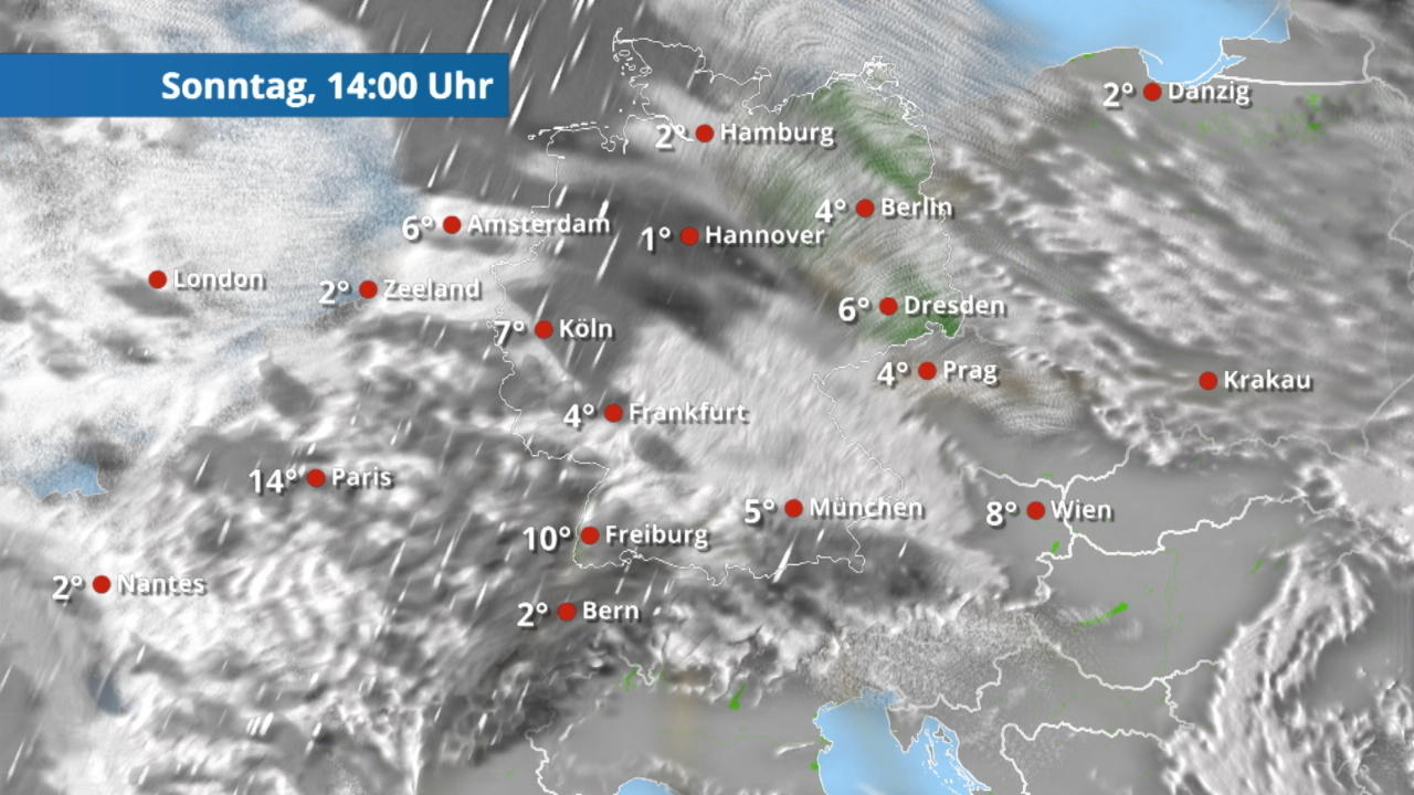 Der Regen- und Wolkenfilm für die kommenden 48 Stunden Schnee und Regen ziehen über uns hinweg