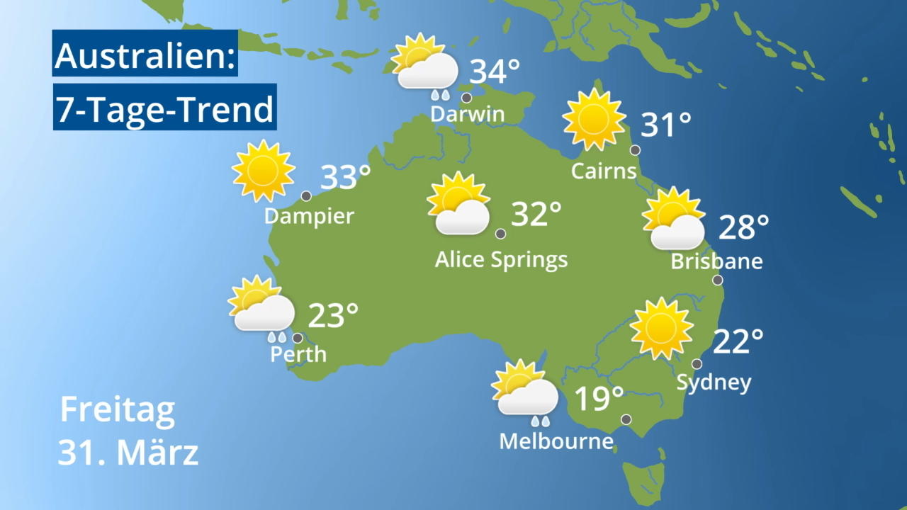 Video 7-Tage-Trend: Sydney, Melbourne, Perth Australien: Wie wird das Wetter?
