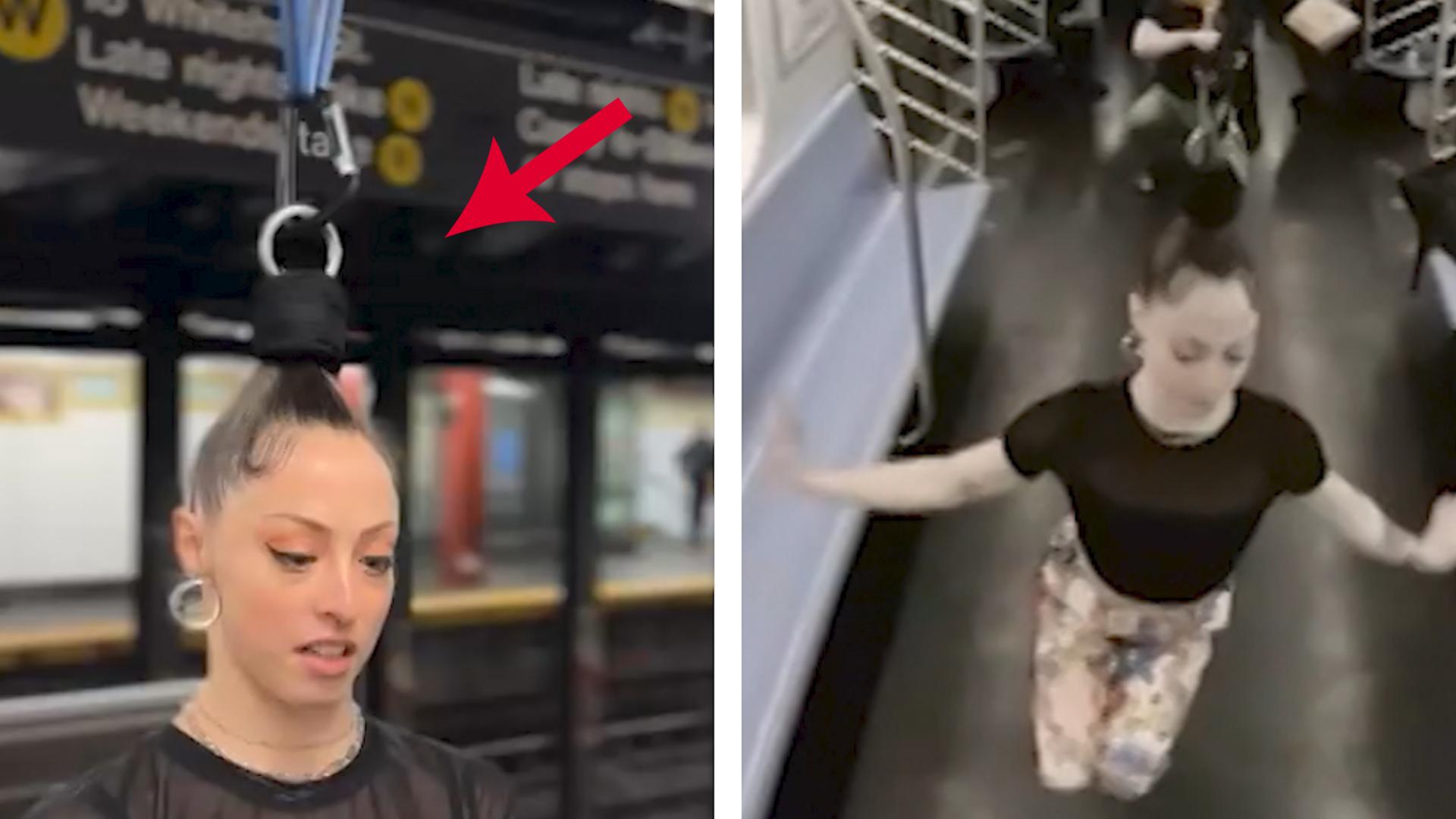 Mit den Haaren am Haken! Schlangenfrau fliegt durch U-Bahn Krasse Akrobatik – und die Frisur hält!