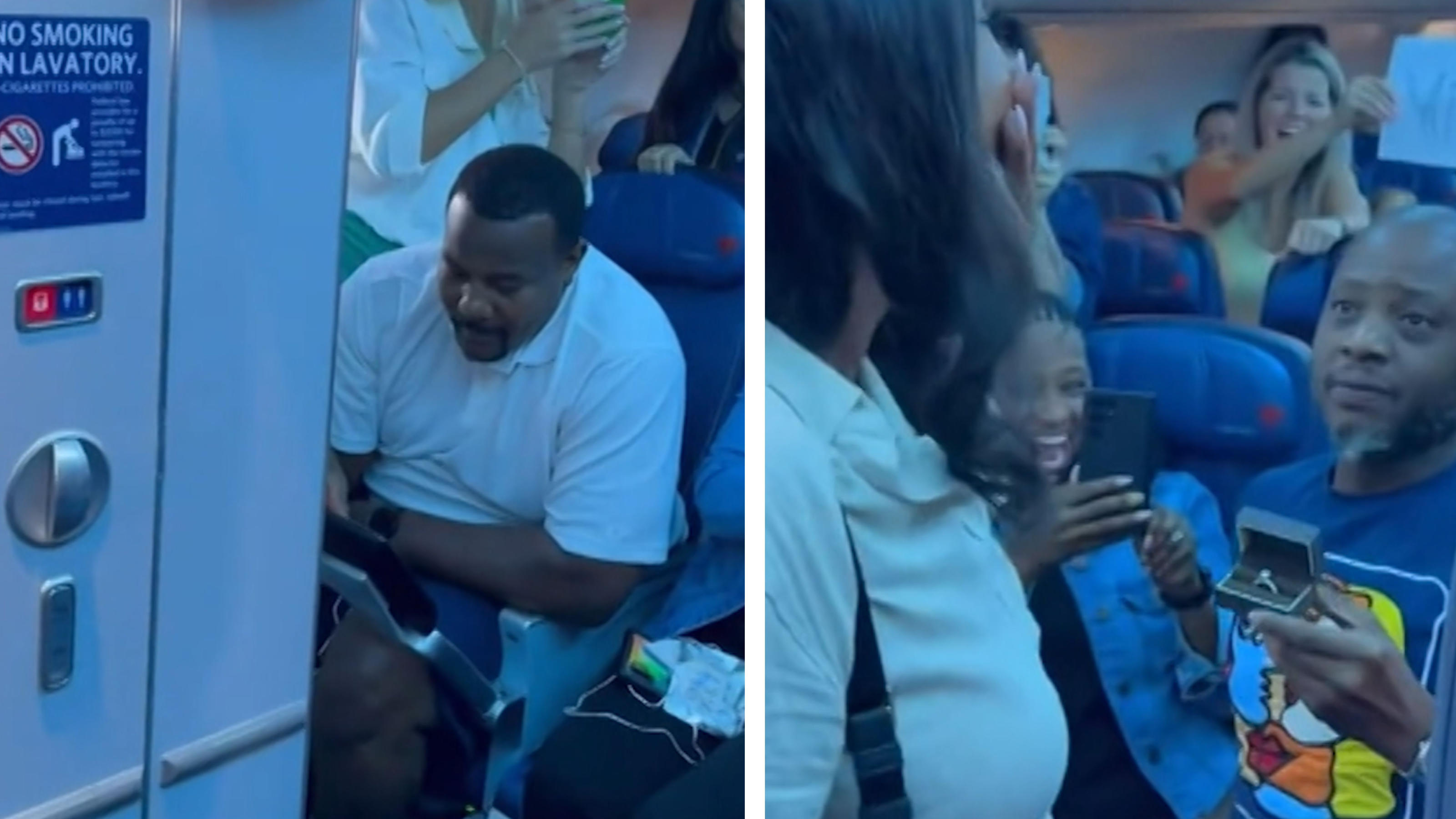 Mann hält um Hand der Freundin vor Flugzeug-Toilette an Heiratsantrag zum Runterspülen?