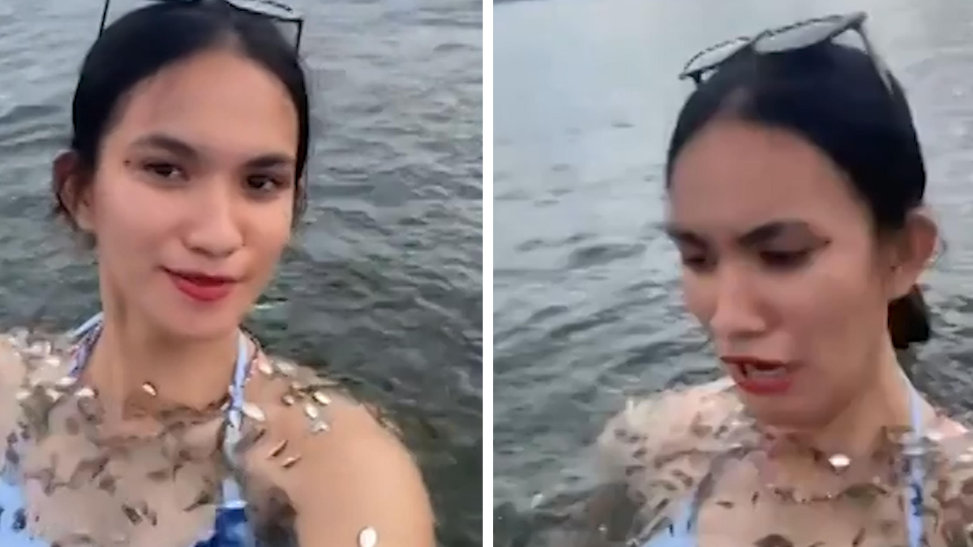 Selfie-Fail! Frau hat plötzlich Fisch-Schwarm im Bikini Was ging ihr denn da ins (BH-)Körbchen?