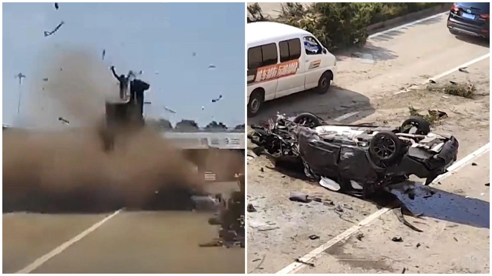Horror-Crash in China: Auto fliegt über Leitplanke Gegenverkehr wird zur tödlichen Gefahr!