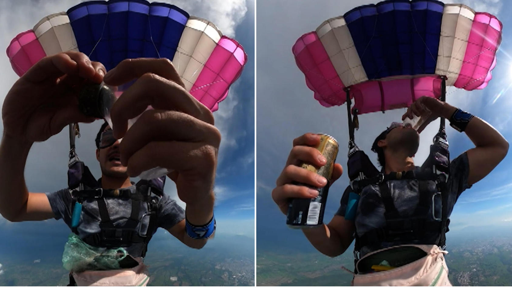 Mann mixt Cocktail während des Fallschirmsprungs Über den Wolken