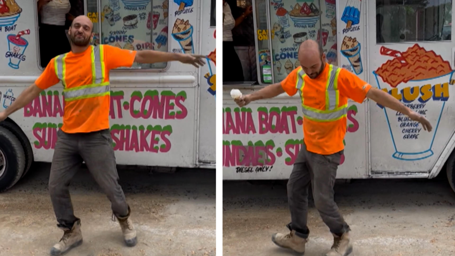 Mann tanzt zur Melodie eines Ice Trucks Er freut sich über sein Eis!
