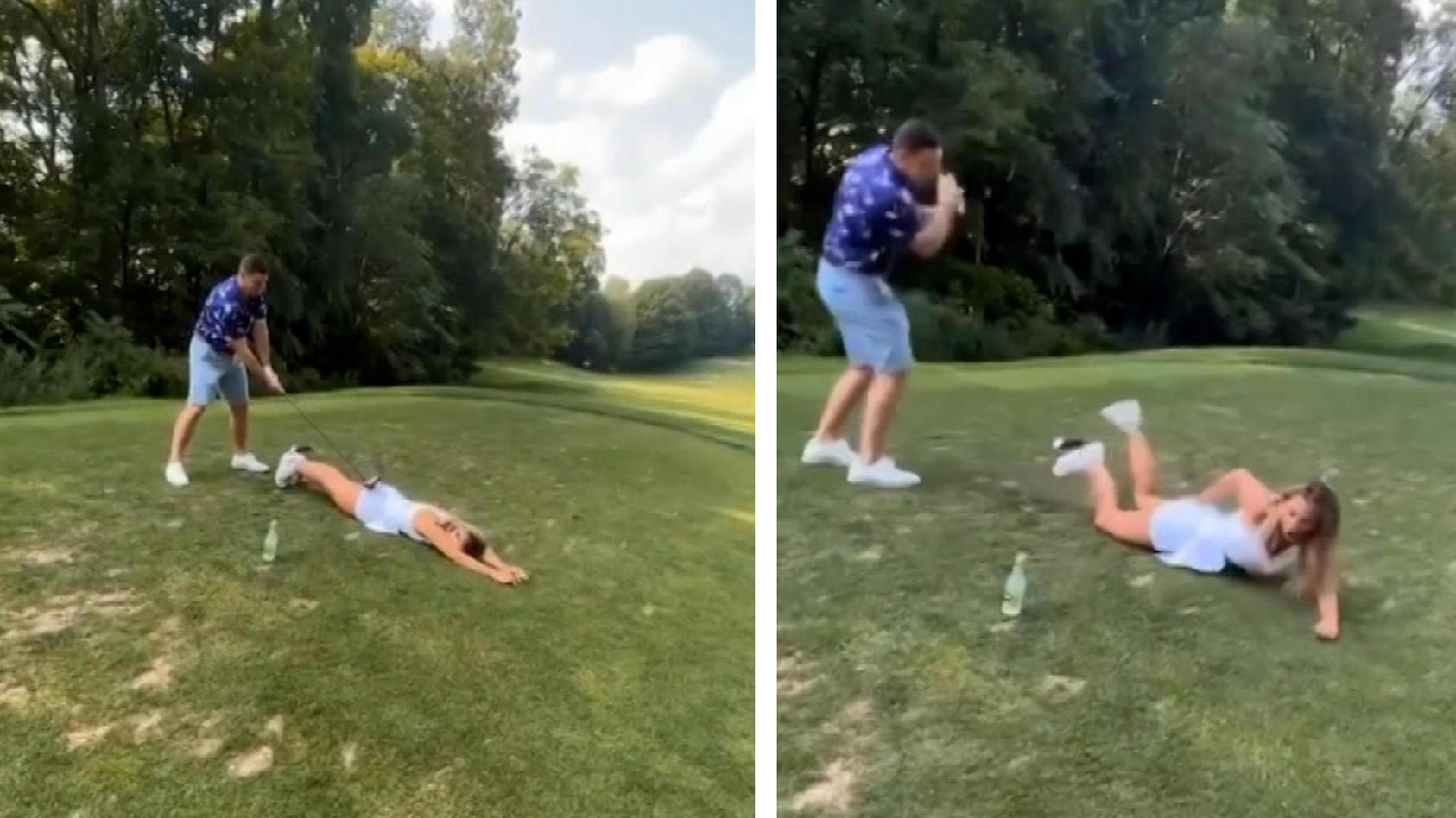 Golfer klatscht Ball vom Po der Mitspielerin Abschlag vom Allerwertesten