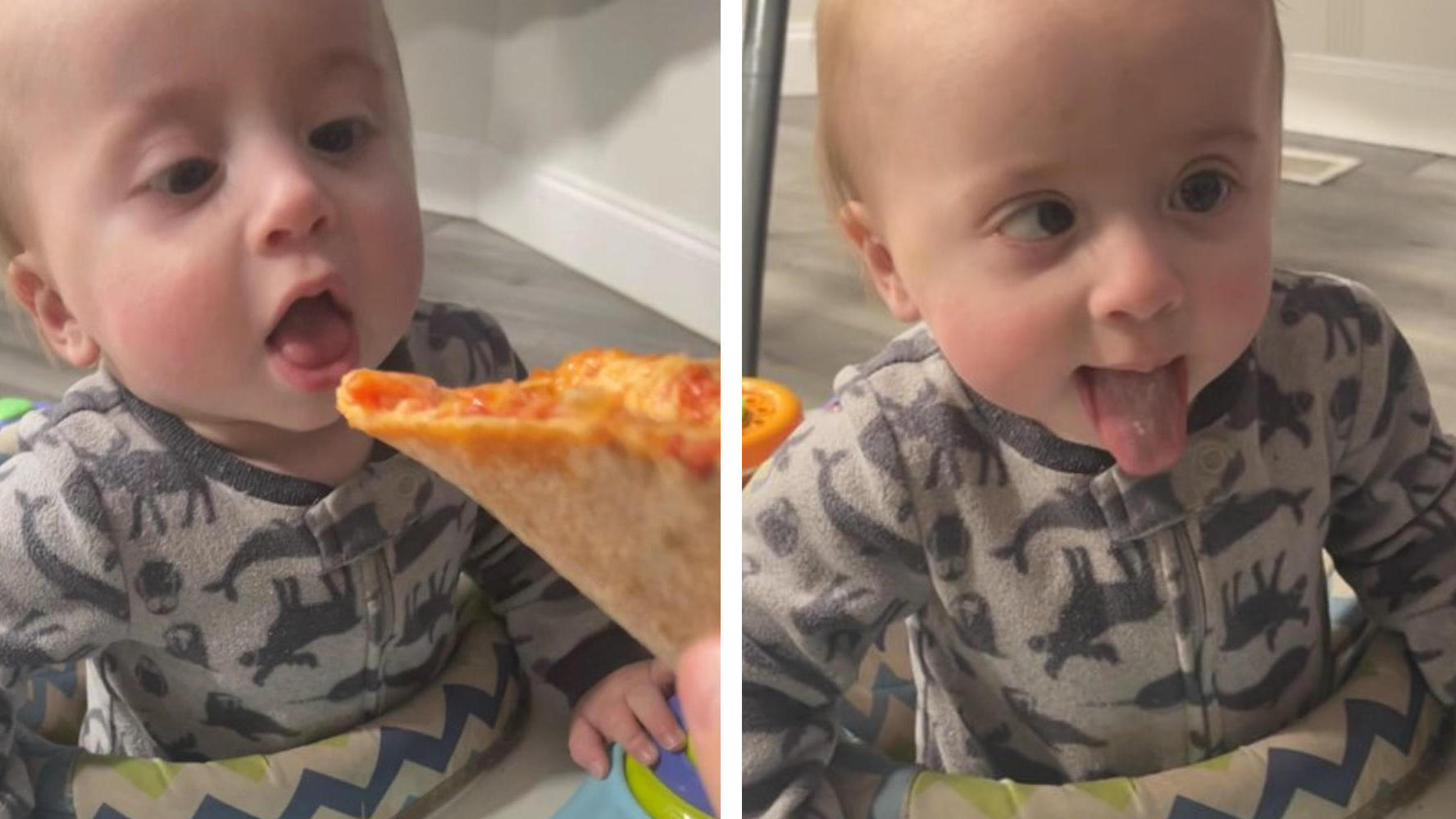 Baby probiert zum ersten Mal im Leben Pizza Im Käse-Glück