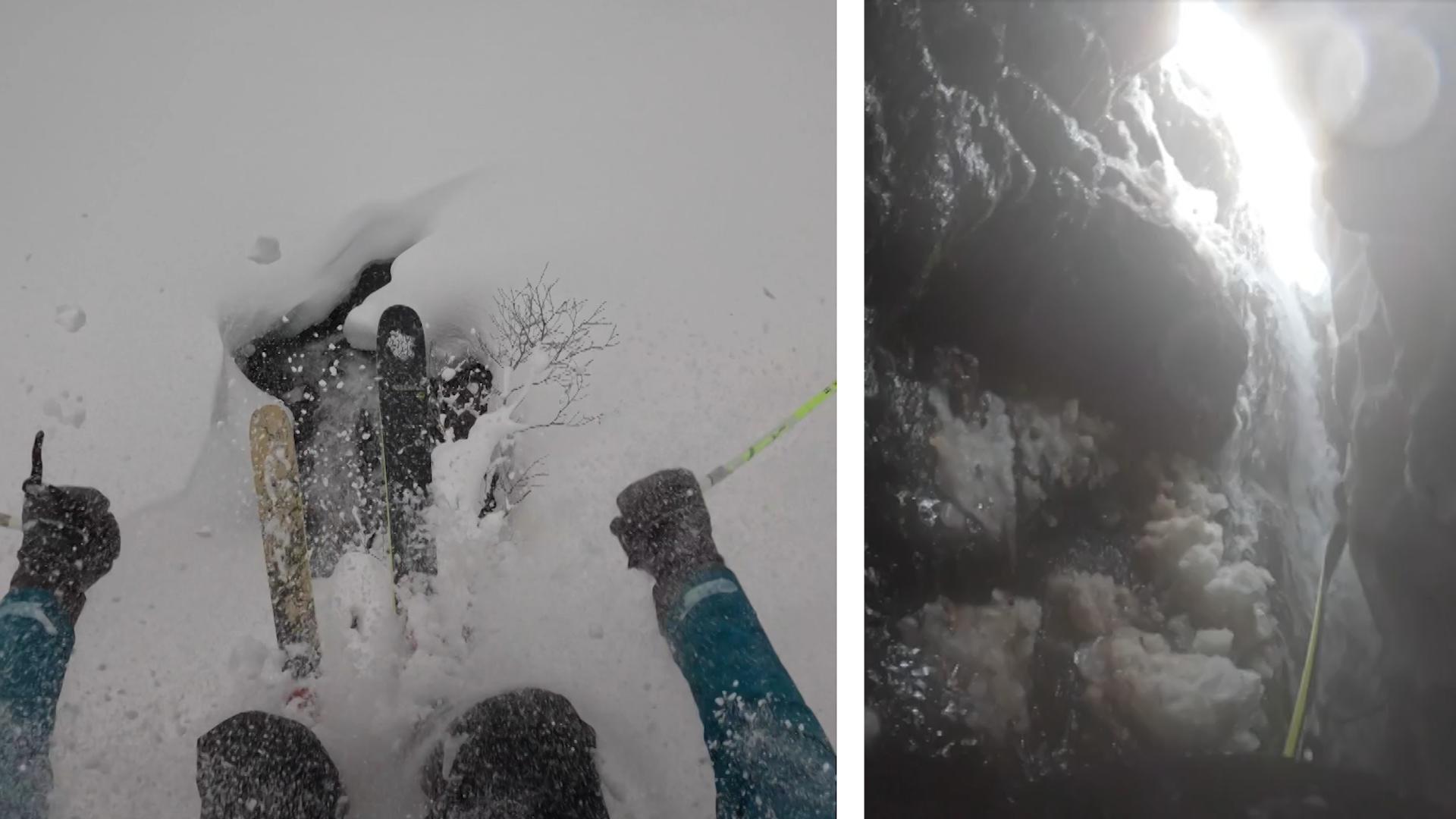 A skier falls into a snow hole - a GoPro camera records everything at five meters in free fall!