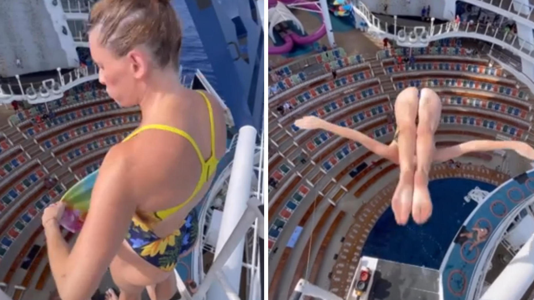 Klipspringerin wacht op een stunt van 17 meter op Kreuzfahrtschiff Mega-Jump in Mini-Pool!
