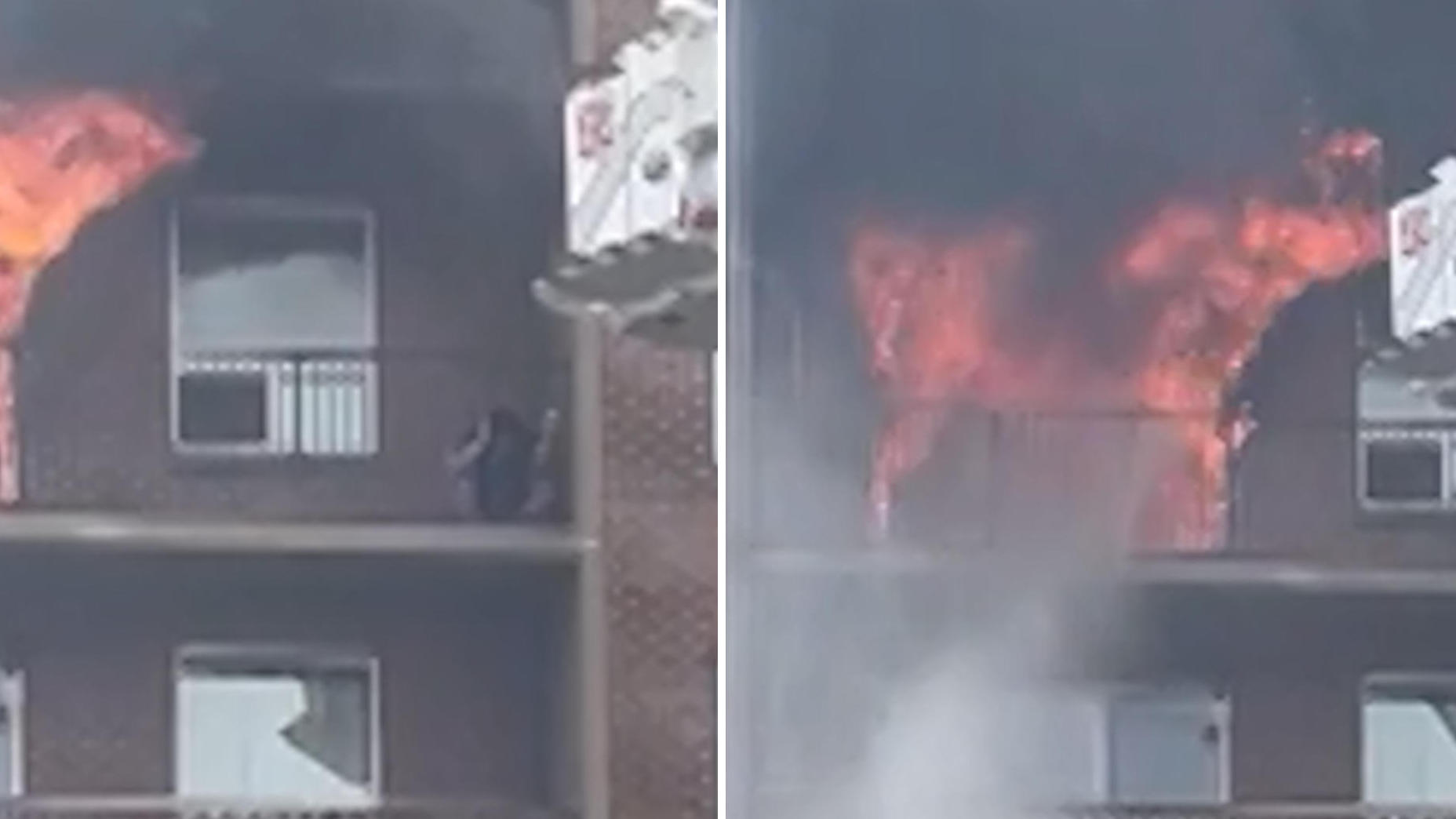 Mann rettet sich mit Katze auf Balkon, umgeben von Flammen!